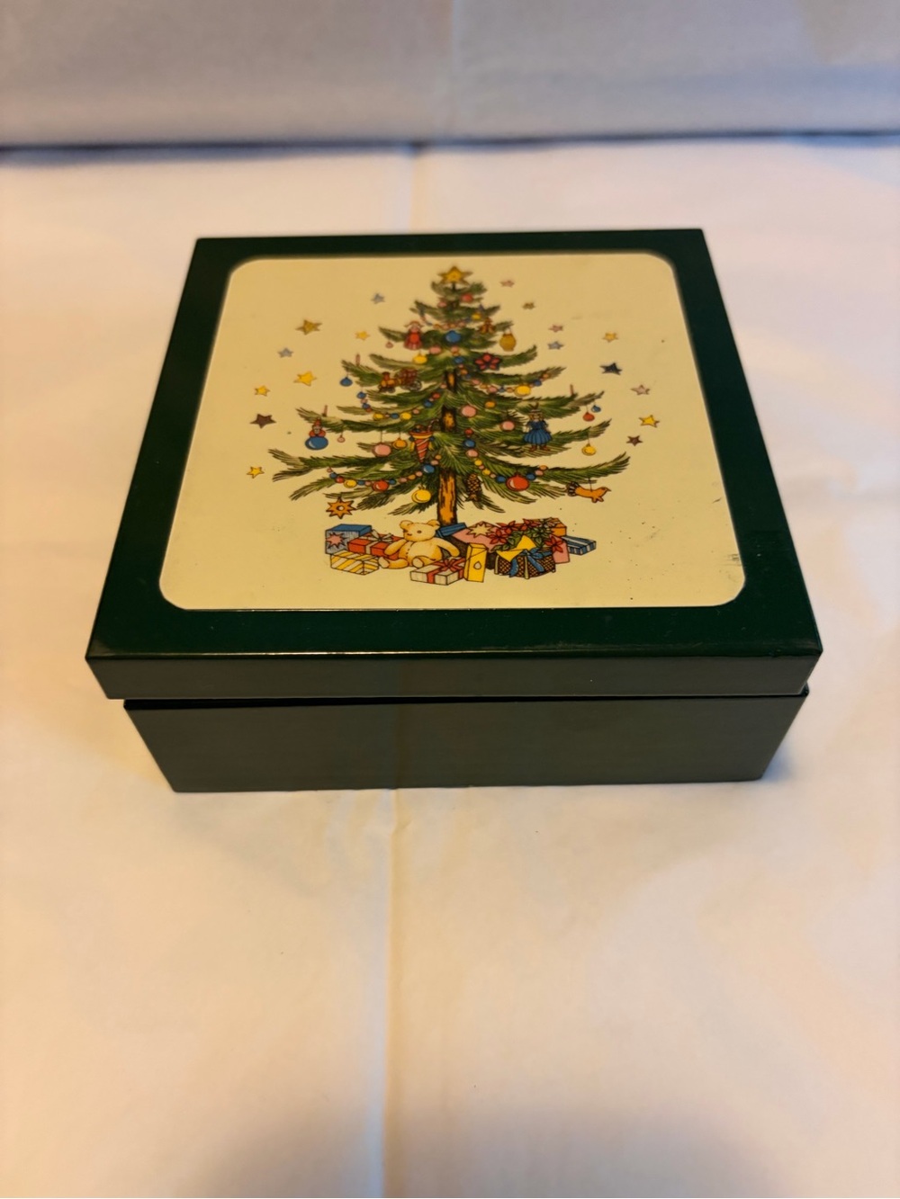Green Holiday Keepsake Box with Festive Tree Illustration Coasters